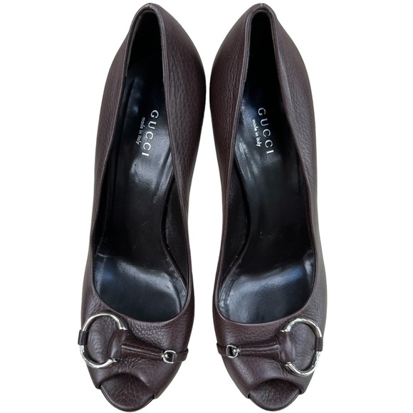 Vintage Gucci Brown Leather Horsebit Peep Toe Pumps Size 39 - Picture 9 of 12